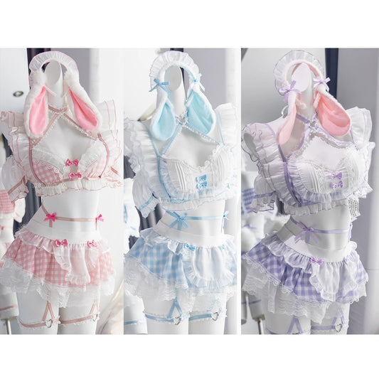 森ガール風チェック柄萌えバニーメイドコスチューム 胸パッド入り【火華家】