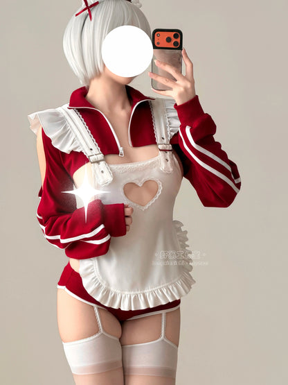 ブルマ風スポーティメイドコスプレ5点セット ワインレッド  体型カバー・75kg対応【エビスタジオ】