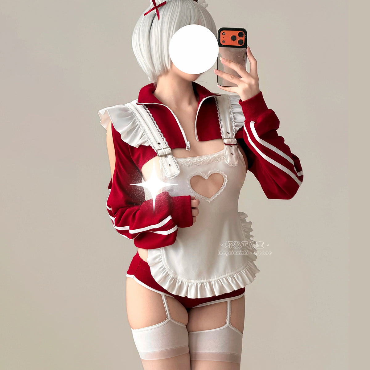 ブルマー風スポーティメイドコスプレ5点セット ワインレッド  体型カバー・75kg対応【エビスタジオ】