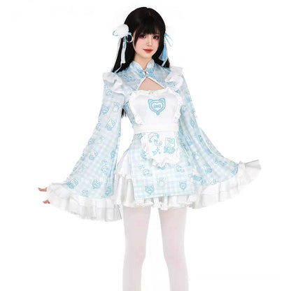 水色 中華ロリータ メイド服 華ロリ コスプレ 清楚 エロ可愛い