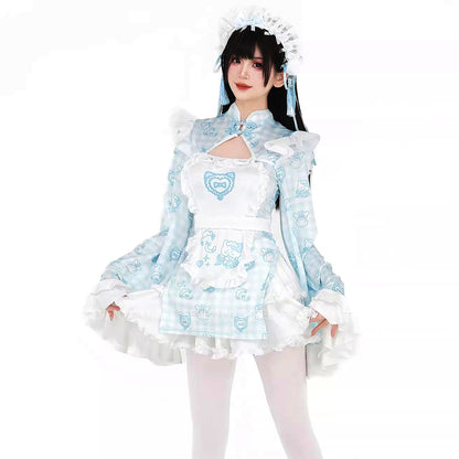 水色 中華ロリータ メイド服 華ロリ コスプレ 清楚 エロ可愛い