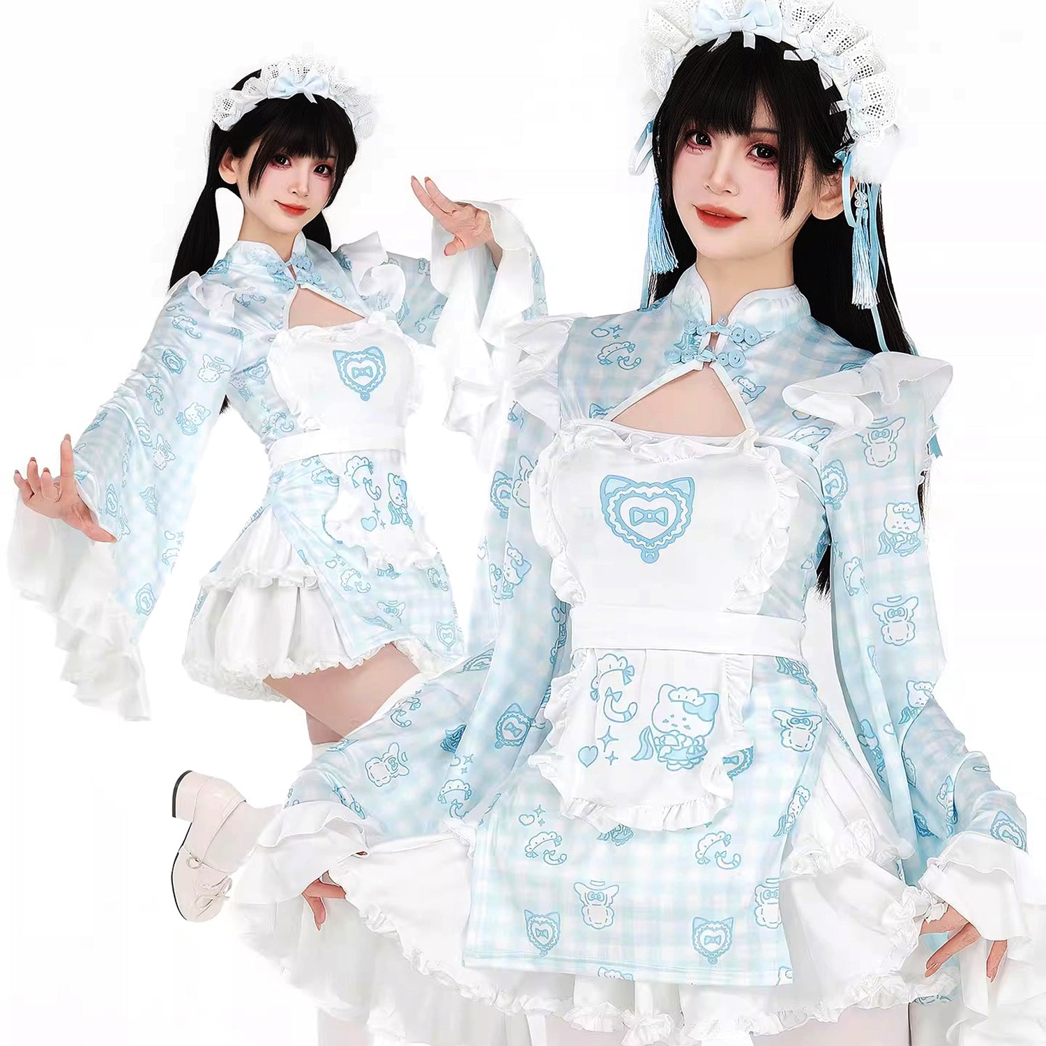 水色 中華ロリータ メイド服 華ロリ コスプレ 清楚 エロ可愛い