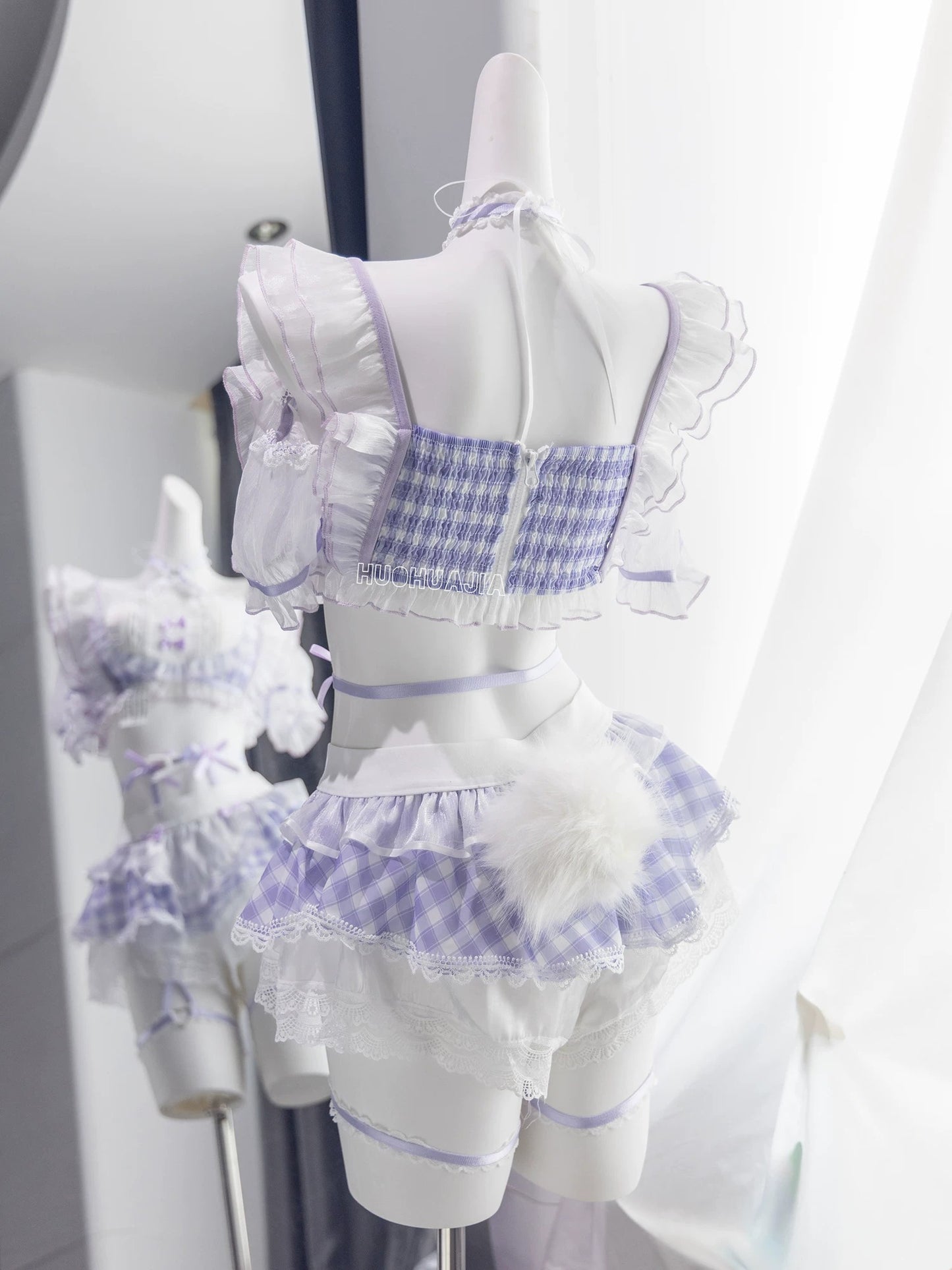 森ガール風チェック柄萌えバニーメイドコスチューム 胸パッド入り【火華家】