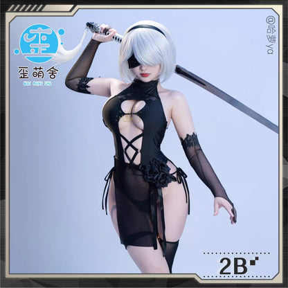 歪萌舎 2B風 NIKKE風 透け透け水着 ハイレグ サイバーパンク コスプレ 食い込み Vライン バトル水着 エロ可愛い