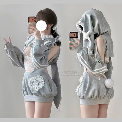 グレーラビット うさ耳フード スポーツウェア 体操服 サロペット 75kg対応 コスプレ サイド透け ディテール レースレオタード ふんわりシルエット 体型カバー コスチューム