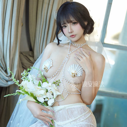 人魚姫の涙 ホワイトパールボディチェーン高級ランジェリー 貝殻ニップレス付き【晩安魔法】
