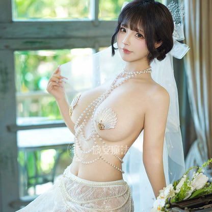 人魚姫の涙 ホワイトパールボディチェーン高級ランジェリー 貝殻ニップレス付き【晩安魔法】