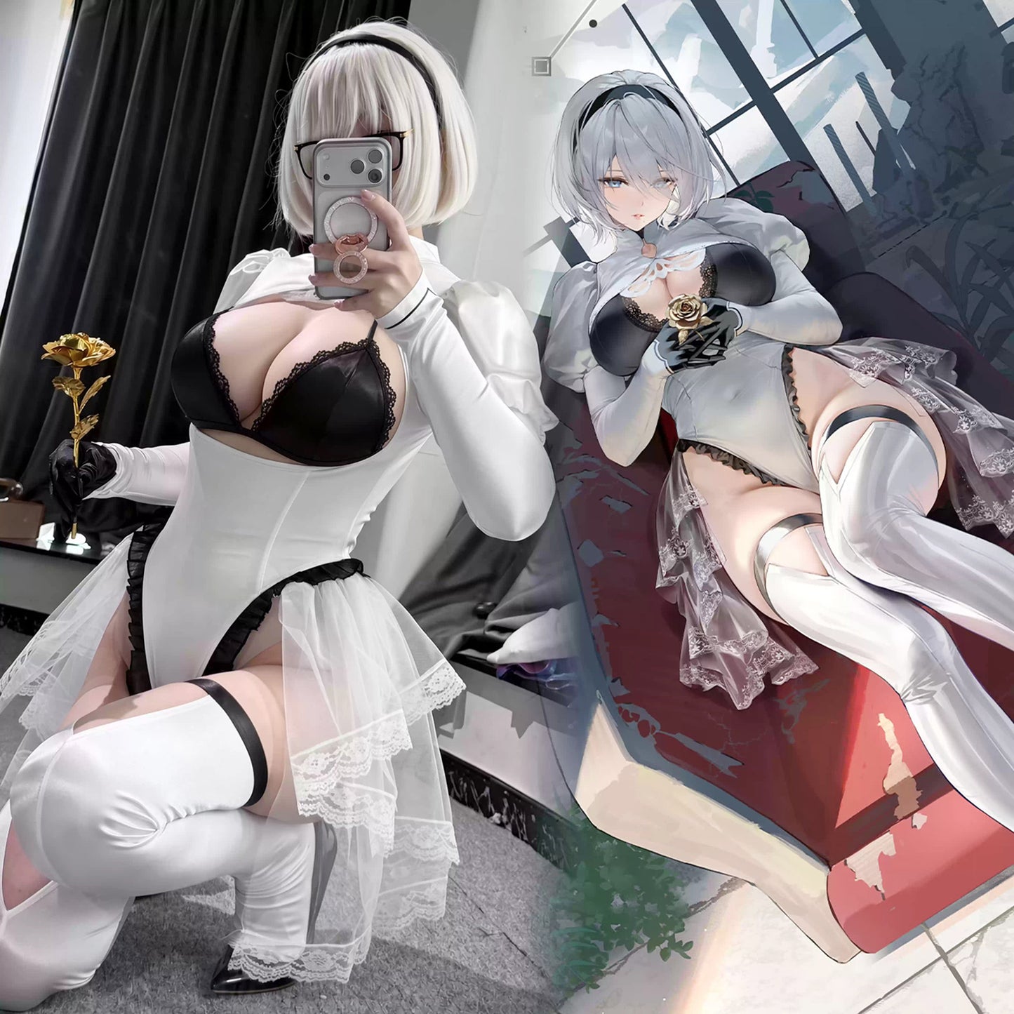 アズレン×ニーア オートマタ 凛々しい2B 圧倒的太ももが垣間見える白ドレスコスプレ 【火華家】