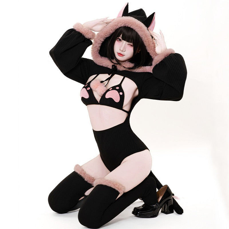 小悪魔ブラックふわもこがキュートでセクシーなレオタードビキニコスチューム【BOLOLI】