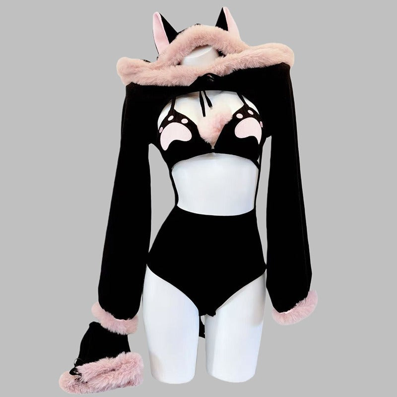 小悪魔ブラックふわもこがキュートでセクシーなレオタードビキニコスチューム【BOLOLI】