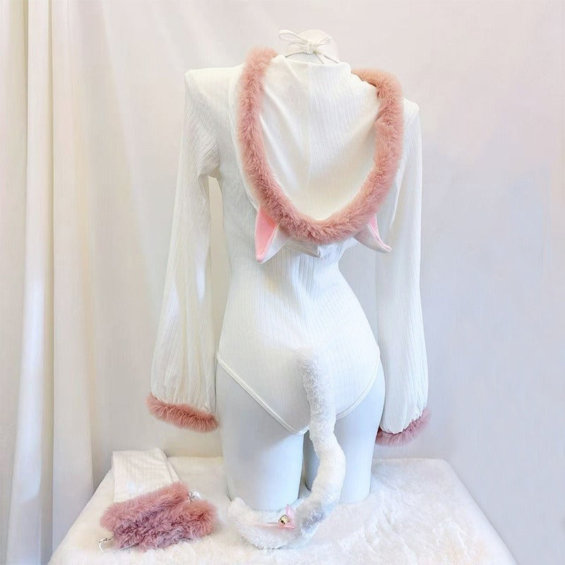 ふわもこネコ耳フード付きセクシーキュートなボディスーツコスチューム 白【BOLOLI】
