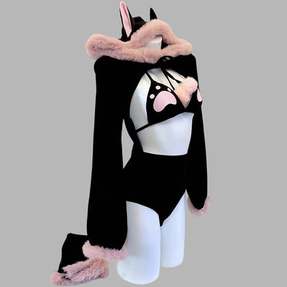 小悪魔ブラックふわもこがキュートでセクシーなレオタードビキニコスチューム【BOLOLI】