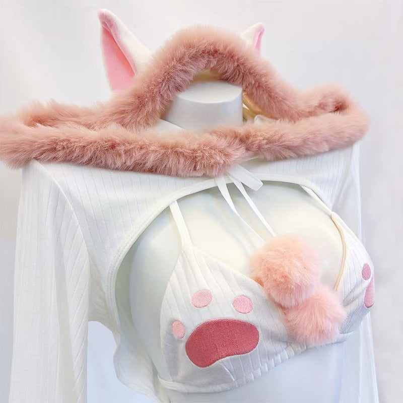 ふわもこネコ耳フード付きセクシーキュートなボディスーツコスチューム 白【BOLOLI】