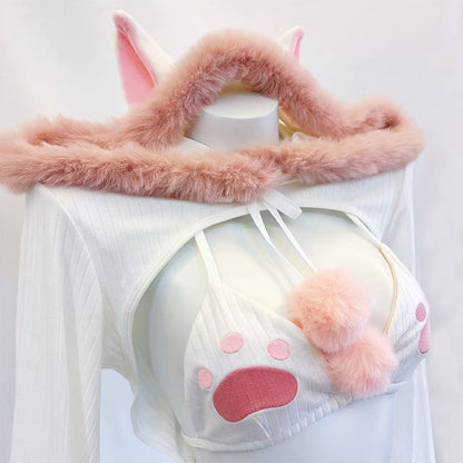 ふわもこネコ耳フード付きセクシーキュートなボディスーツコスチューム 白【BOLOLI】