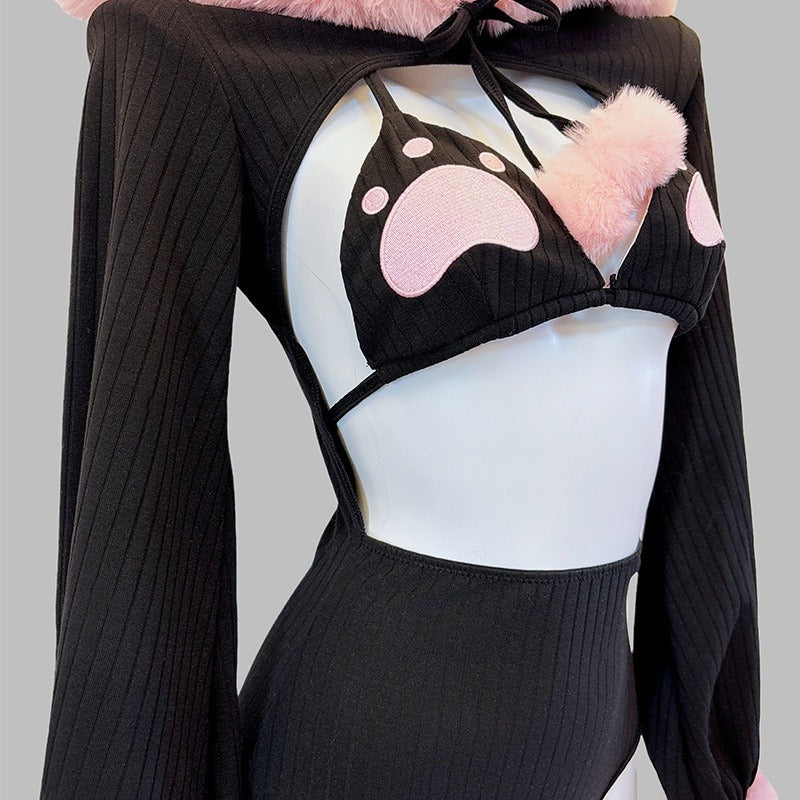 小悪魔ブラックふわもこがキュートでセクシーなレオタードビキニコスチューム【BOLOLI】