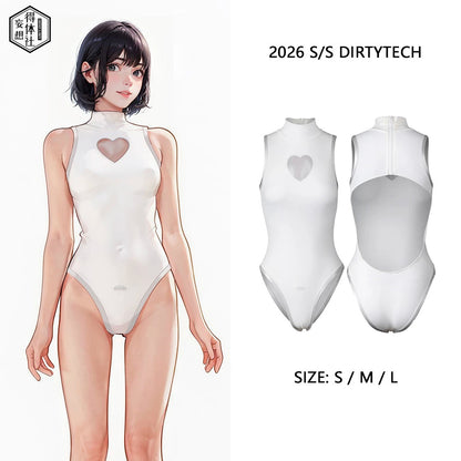 純白ハイネックセクシー超ハイレグ競泳水着 胸元ハートくり抜き 背中全開【得体社】