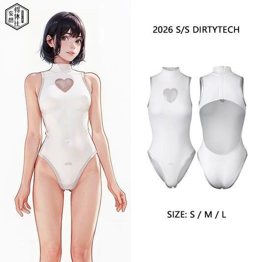 純白ハイネックセクシー超ハイレグ競泳水着 胸元ハートくり抜き 背中全開【得体社】