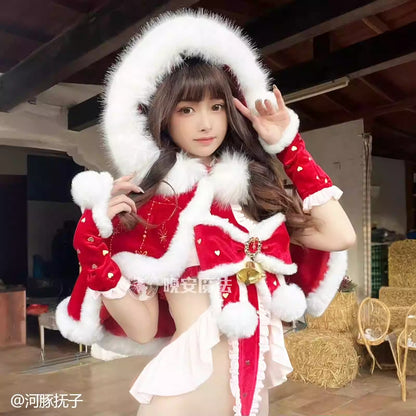 【数量限定販売】ふわふわ可愛いマント付きセクシー帯状レオタードサンタコスプレ クリスマスコスチューム【晩安魔法】