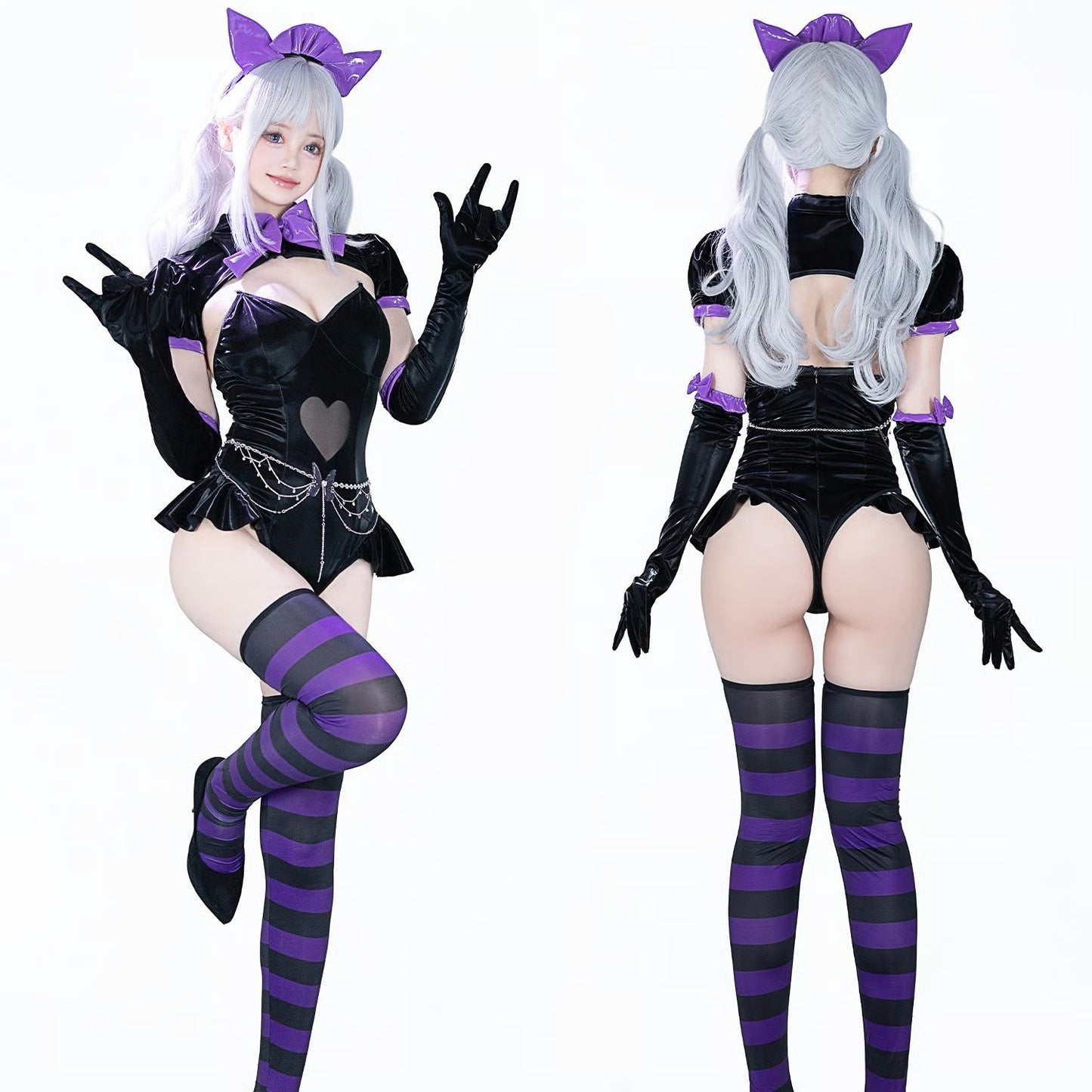 ゴシックロリータ風セクシーハイレグエナメルレオタードコスプレ 黒×紫【BOLOLI】