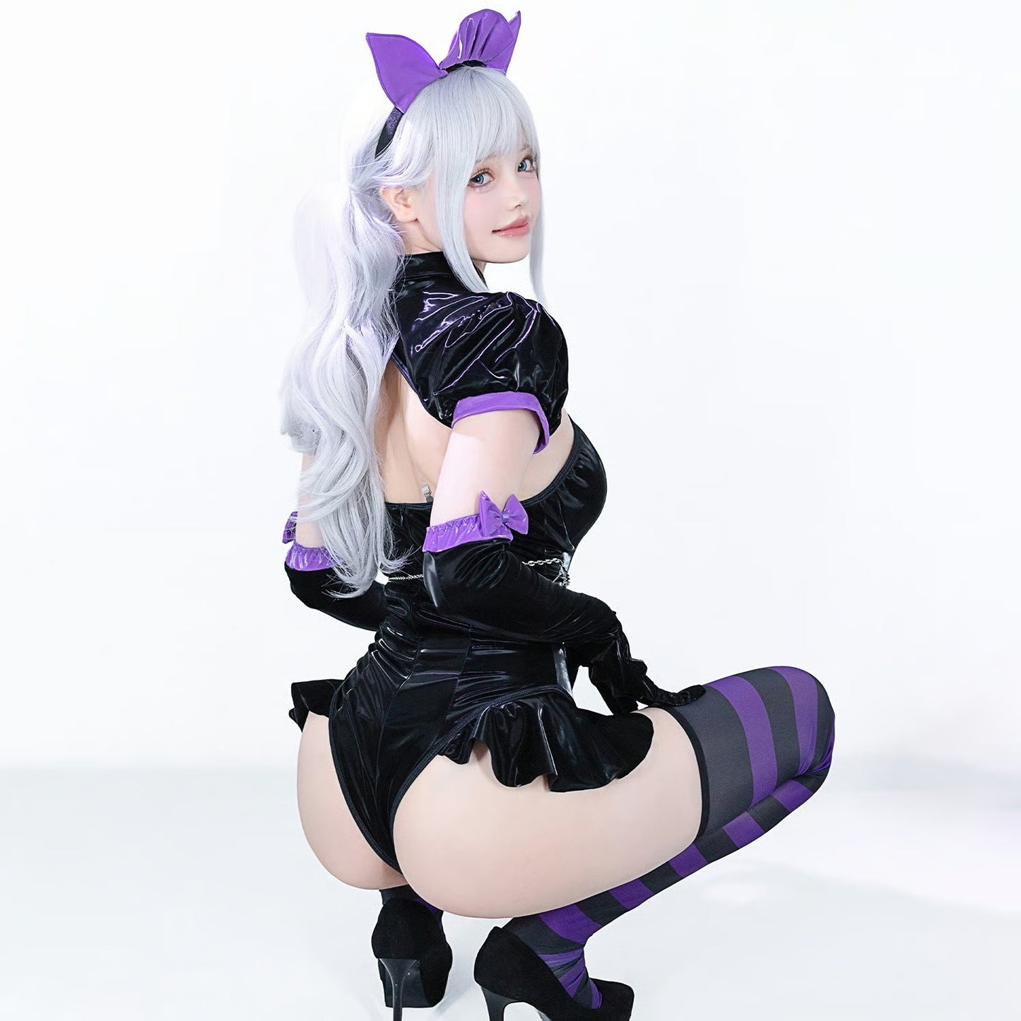 ゴシックロリータ風セクシーハイレグエナメルレオタードコスプレ 黒×紫【BOLOLI】