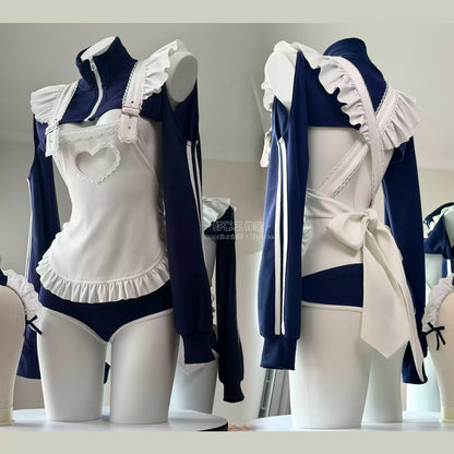 【胸元ハート窓×横乳】ブルマ風スポーティメイドコスプレ5点セット 体型カバー・75kg対応【エビスタジオ】