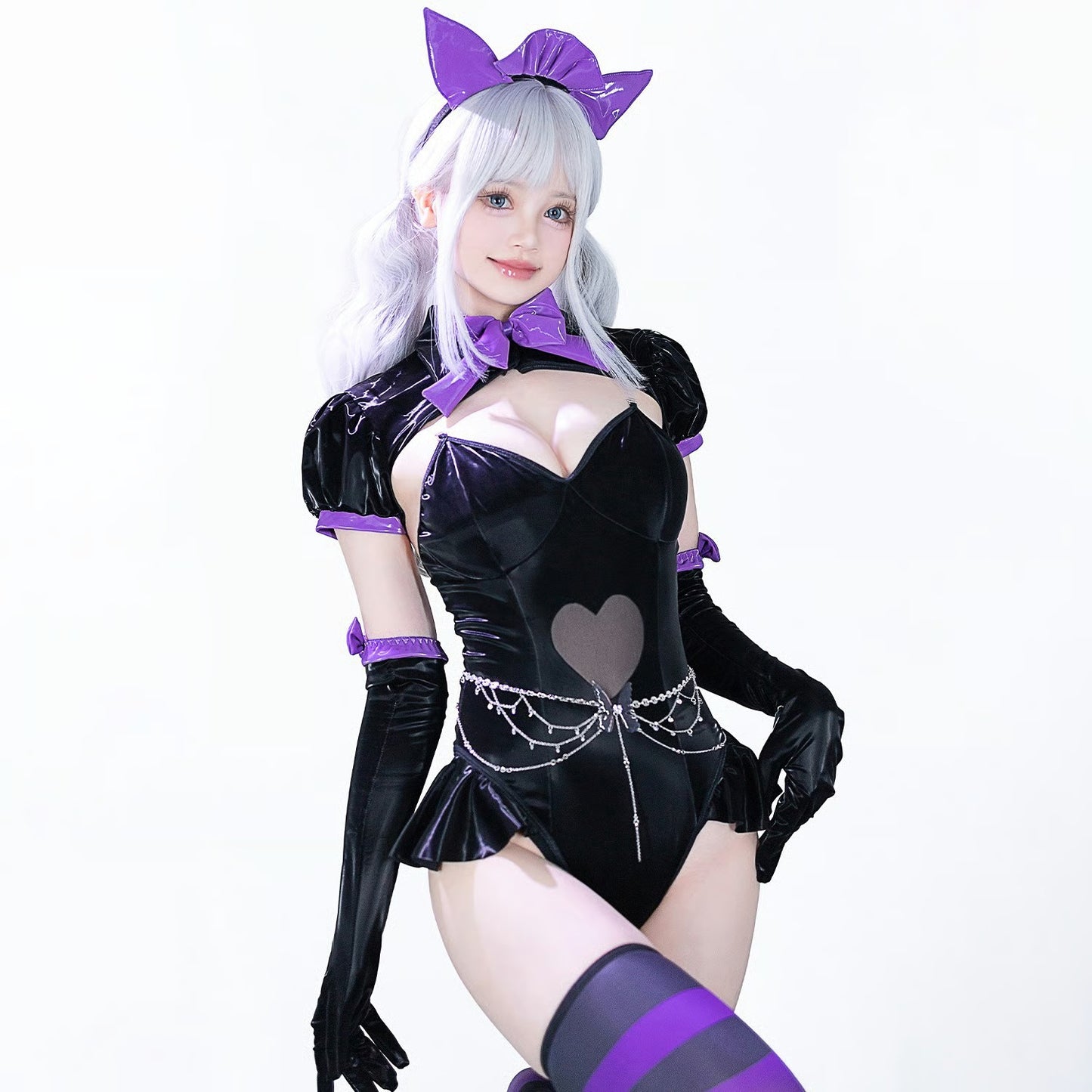 ゴシックロリータ風セクシーハイレグエナメルレオタードコスプレ 黒×紫【BOLOLI】