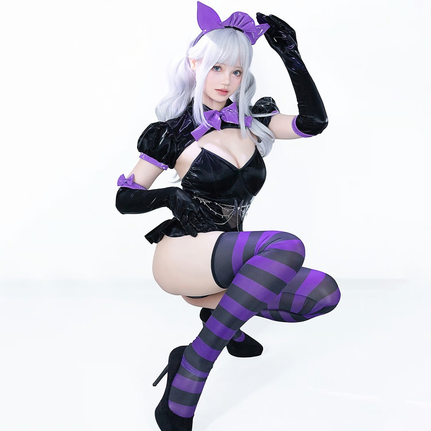 ゴシックロリータ風セクシーハイレグエナメルレオタードコスプレ 黒×紫【BOLOLI】