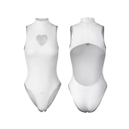 純白ハイネックセクシー超ハイレグ競泳水着 胸元ハートくり抜き 背中全開【得体社】