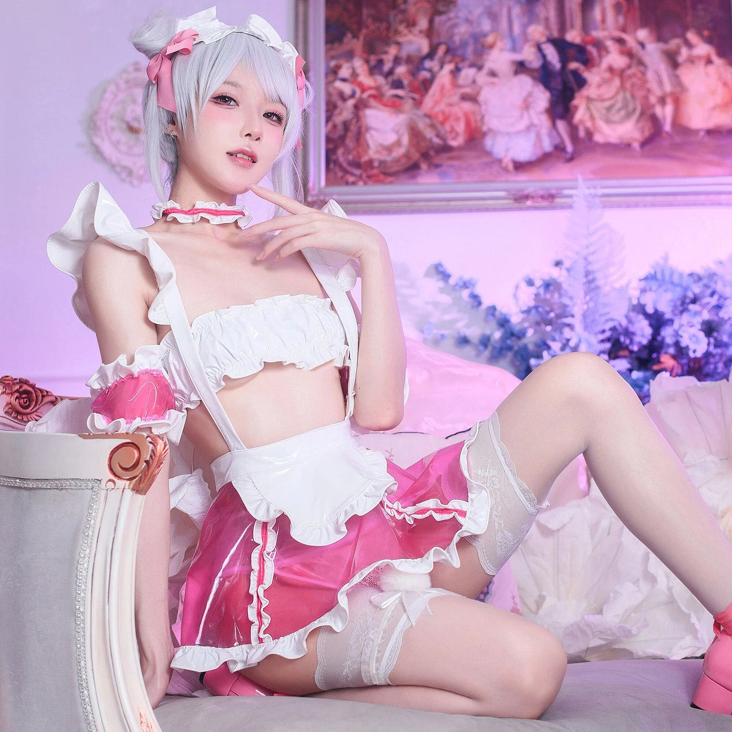 透明 ピンク メイド服 正面 クリア素材 コスプレ メイド衣装 PVC メイド服コスプレ 透け感 ディテール