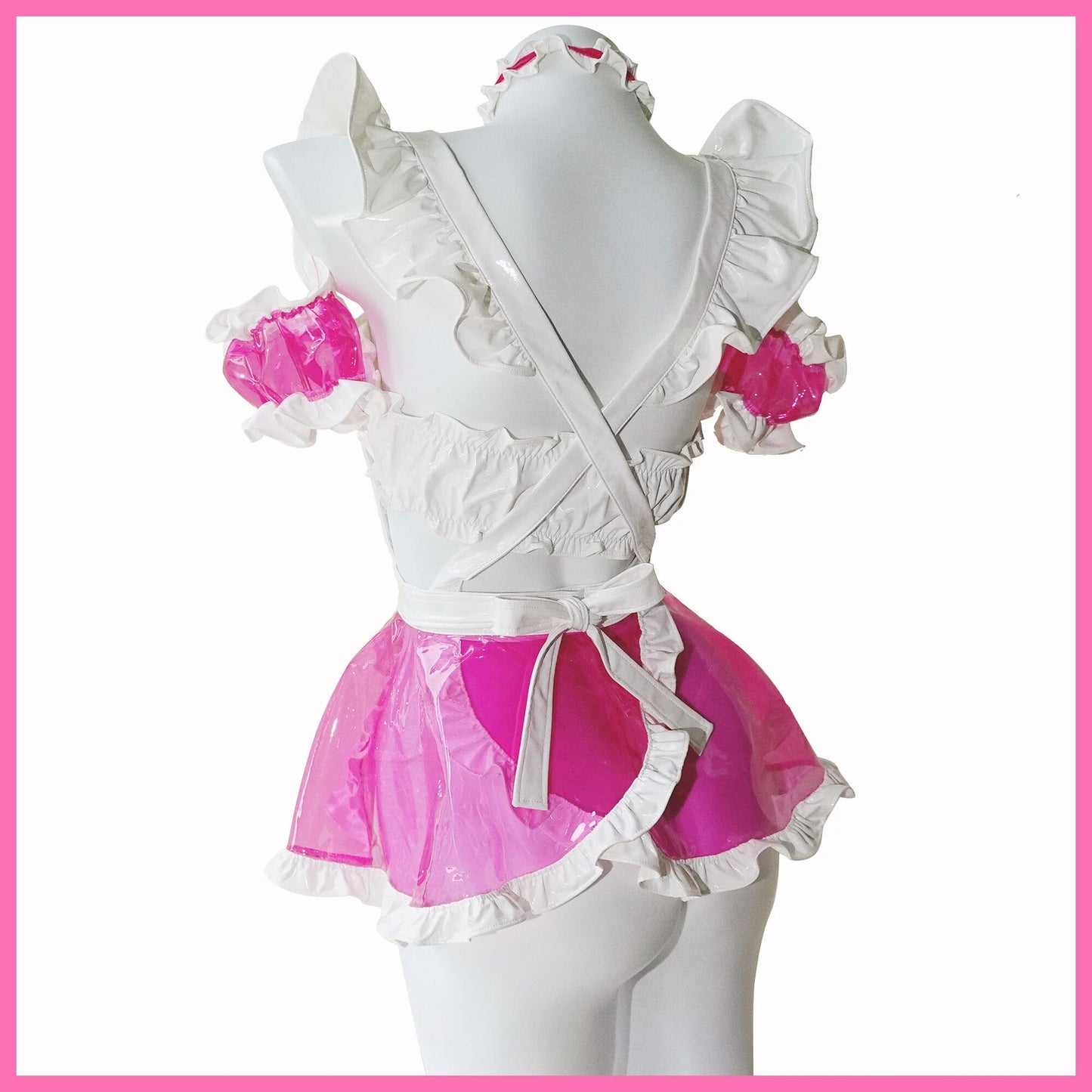 透明 ピンク メイド服 正面 クリア素材 コスプレ メイド衣装 PVC メイド服コスプレ 透け感 ディテール