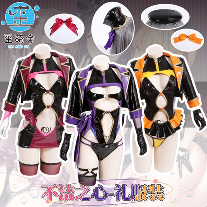 左藤空気 ケガレボシ コスプレ エナメル レオタード 正面 紫 浅葉依吹 ピンク 白崎心春 オレンジ 黒塚ありさ
