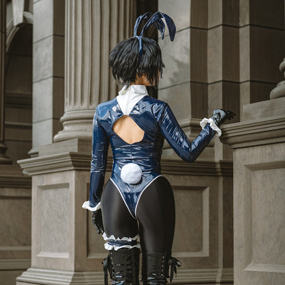 セクシー エナメル ハイレグ バニーガール コスプレ ネイビーブルー 背面