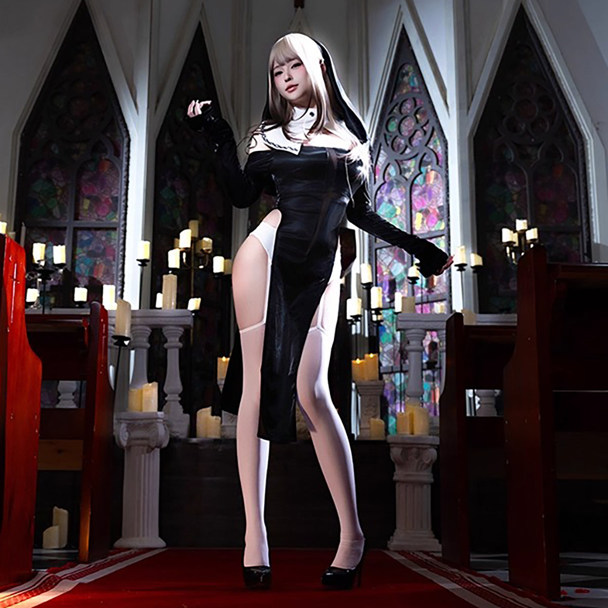 セクシーシスター 光沢PUレザー コスプレ 正面 透けメッシュ ハイレグ